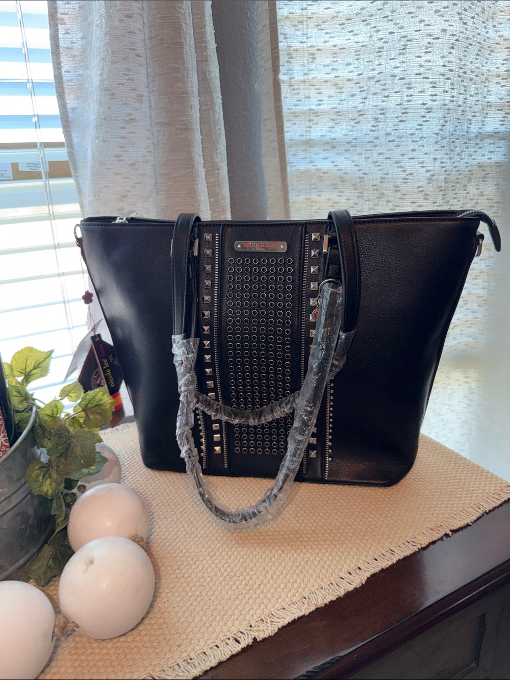 Nicole Lee Black Studded Tote with Grommet Panel